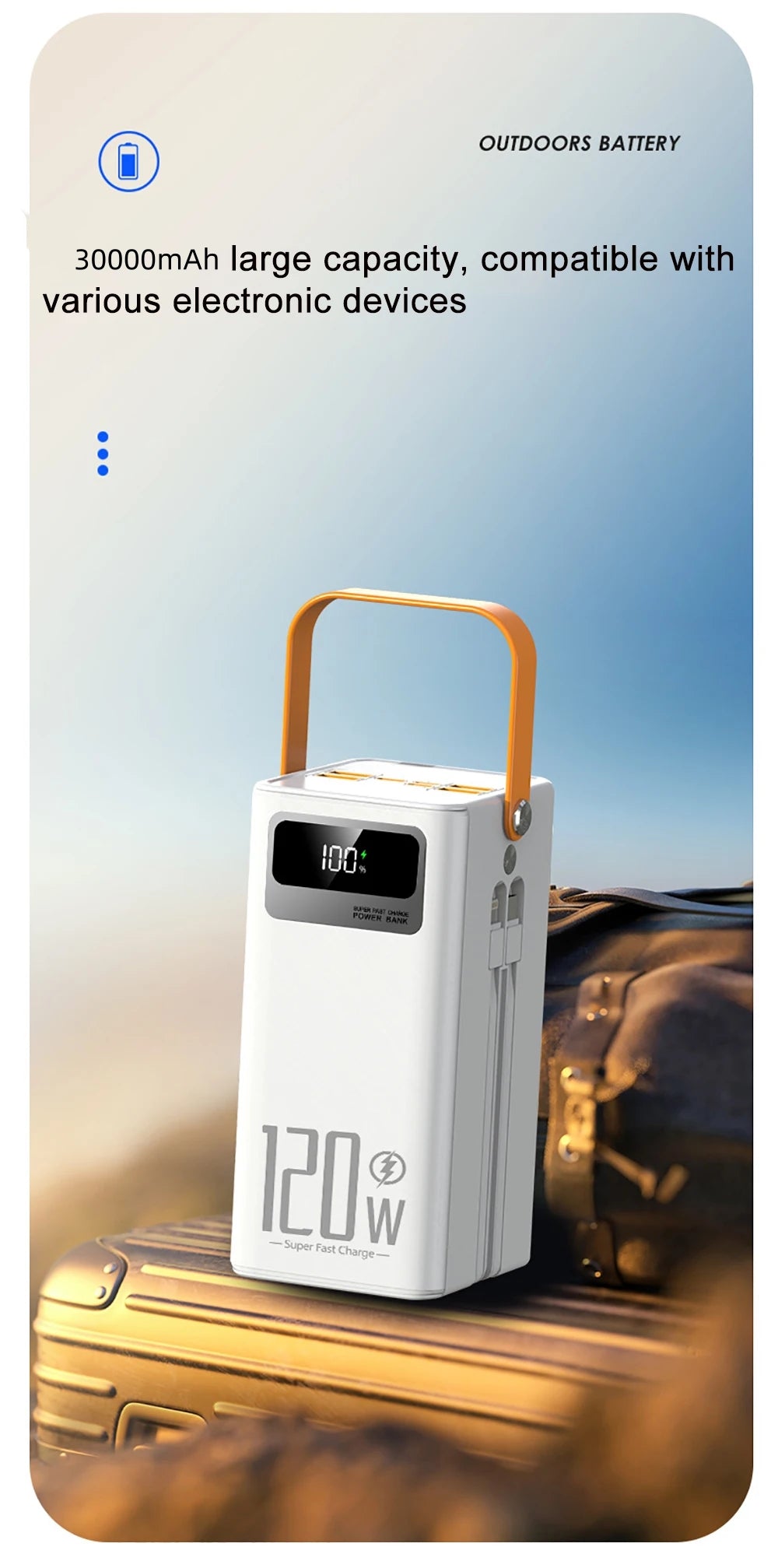 30000mAh Portable Power Bank 120W Fast Charging Power Station Emergency Power Bank LED Charger for Home Camping Phone