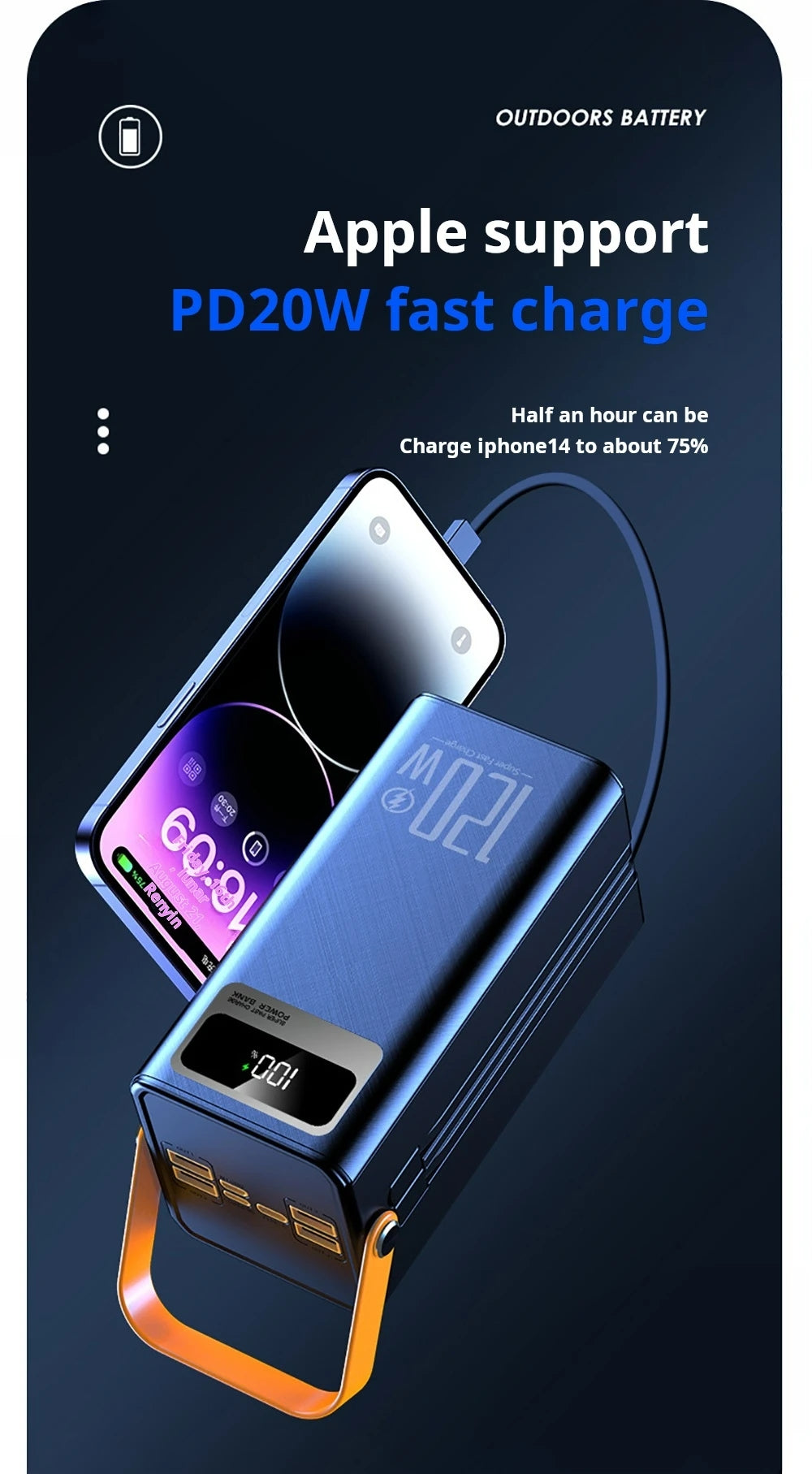 30000mAh Portable Power Bank 120W Fast Charging Power Station Emergency Power Bank LED Charger for Home Camping Phone