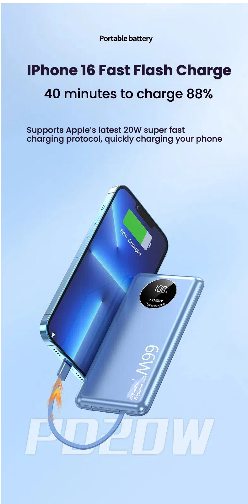 66W Super Fast Charging Power Bank 20000mAh USB C for iPhone Samsung Xiaomi Powerbank with LED Light Portable Charger Station