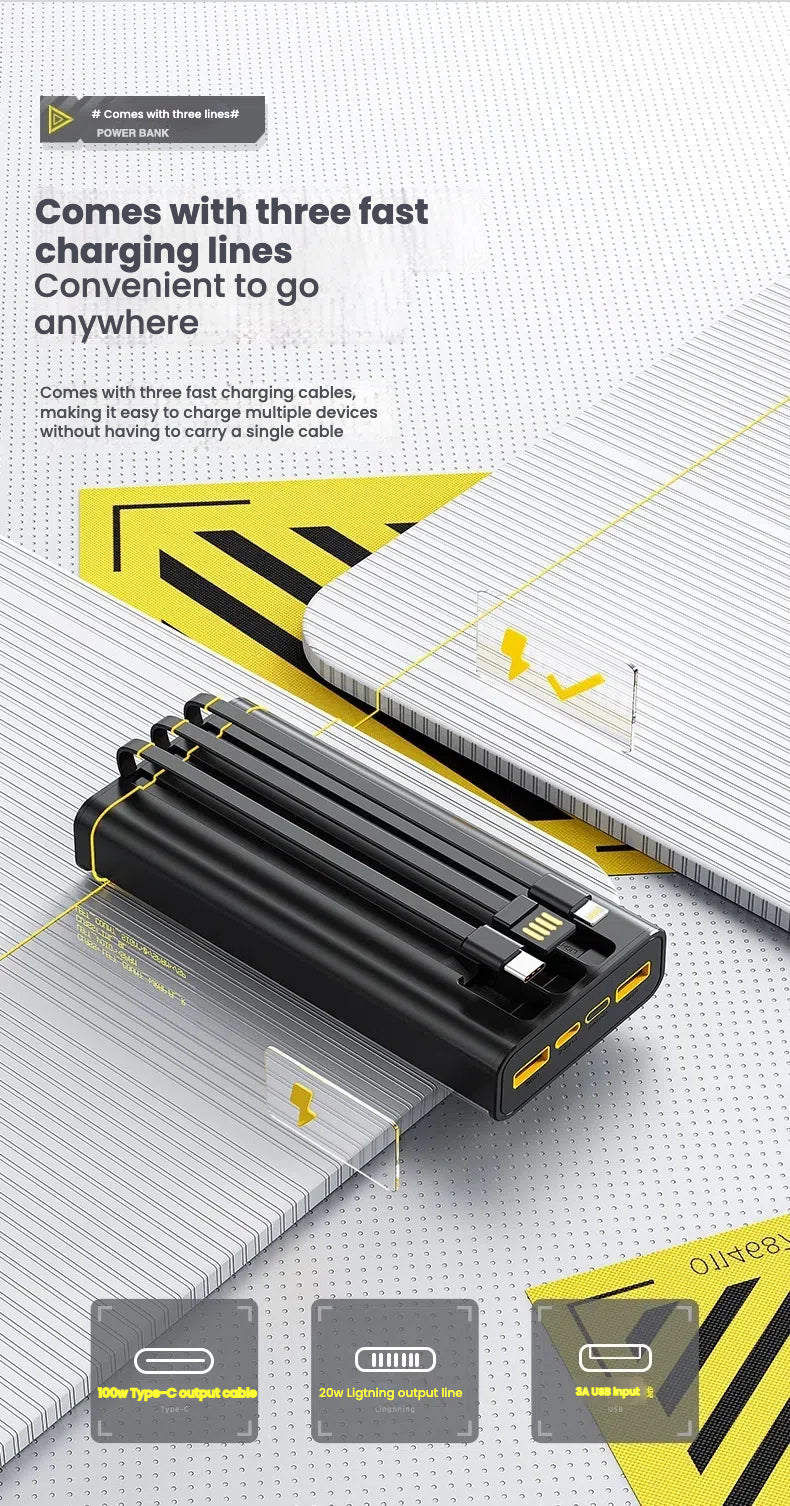 Power Bank 20000mAh 100W Super Fast Charging Portable External Battery Charger for iPhone Huawei Xiaomi Powerbank With Cables