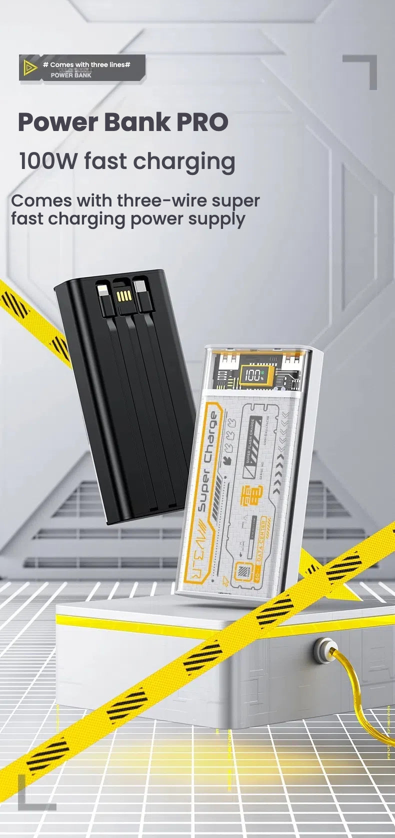 Power Bank 20000mAh 100W Super Fast Charging Portable External Battery Charger for iPhone Huawei Xiaomi Powerbank With Cables