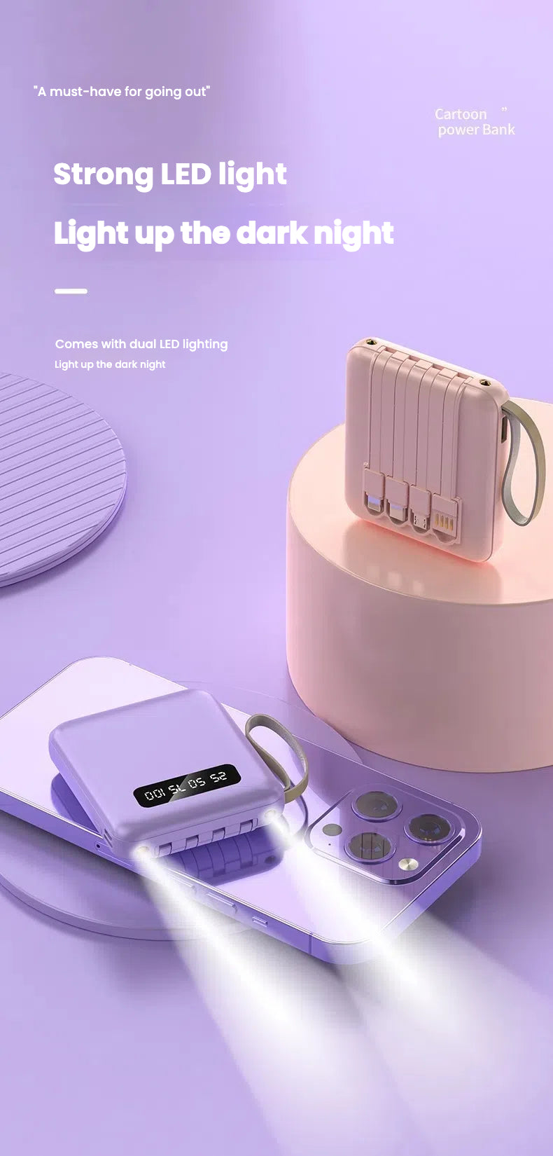 Mini power bank 10000 mAh/20000 mAh with four-wire compact portable power bank