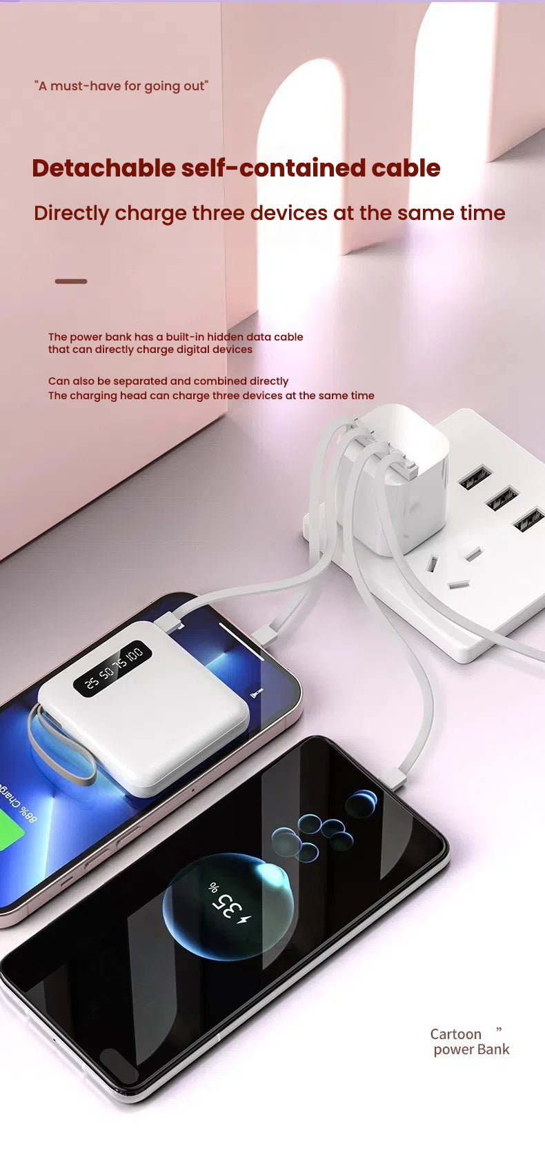 Mini power bank 10000 mAh/20000 mAh with four-wire compact portable power bank