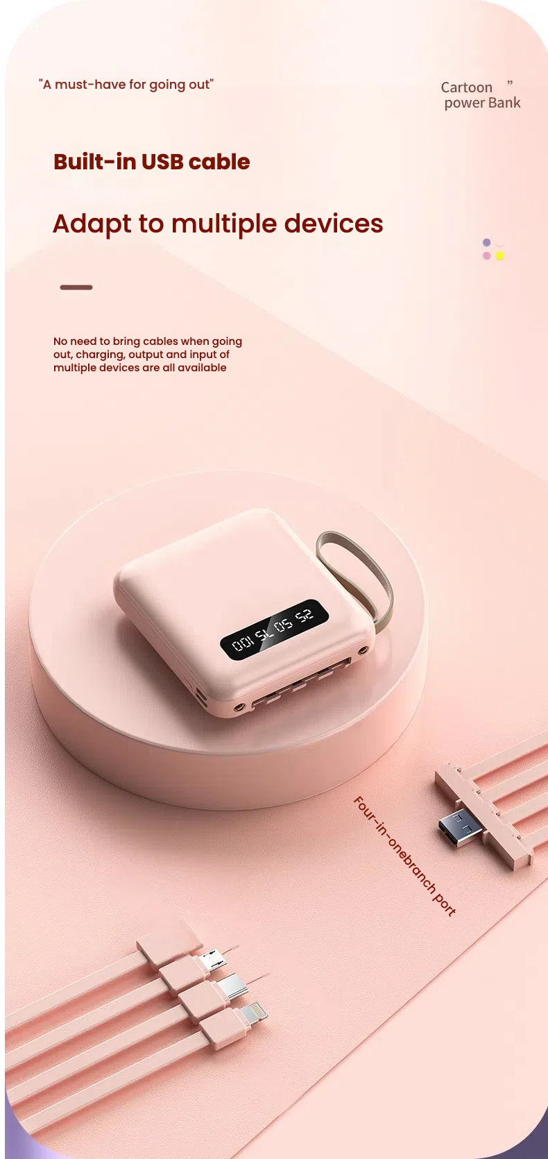Mini power bank 10000 mAh/20000 mAh with four-wire compact portable power bank