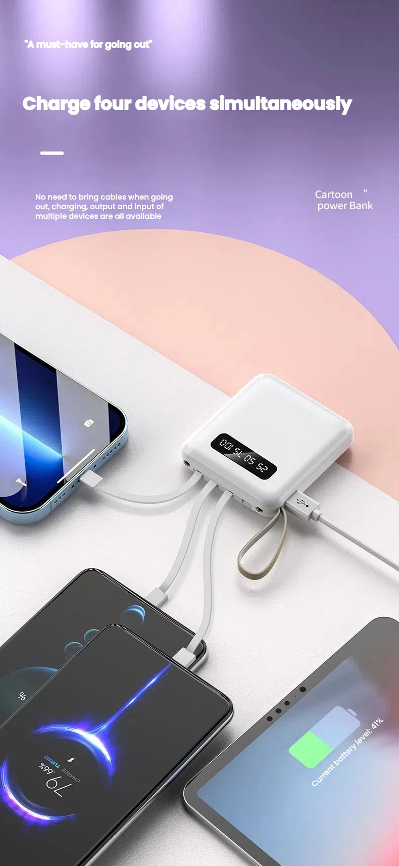 Mini power bank 10000 mAh/20000 mAh with four-wire compact portable power bank
