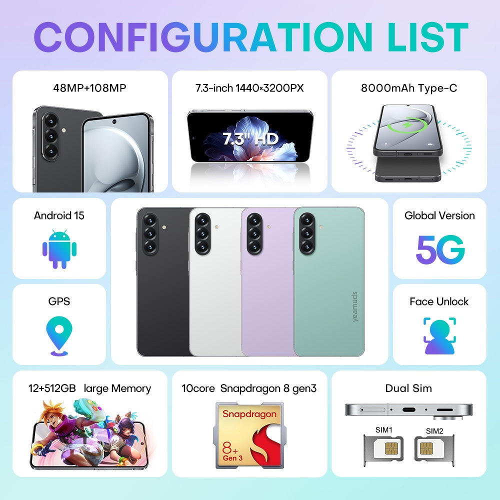 7.3inch Smartphone 12GB RAM+512GB ROM 10 Core Android15.0