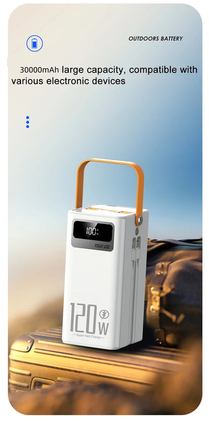 30000mAh Portable Power Bank 120W Fast Charging Power Station Emergency Power Bank LED Charger for Home Camping Phone