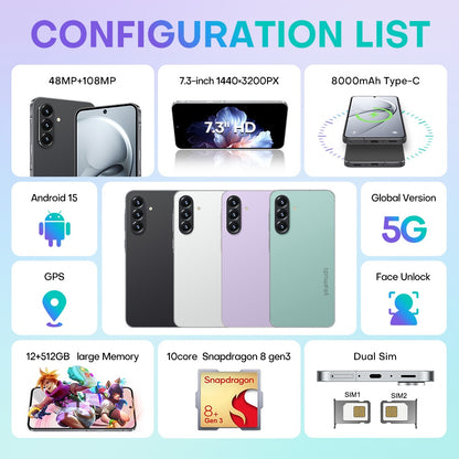 7.3inch Smartphone 12GB RAM+512GB ROM 10 Core Android15.0